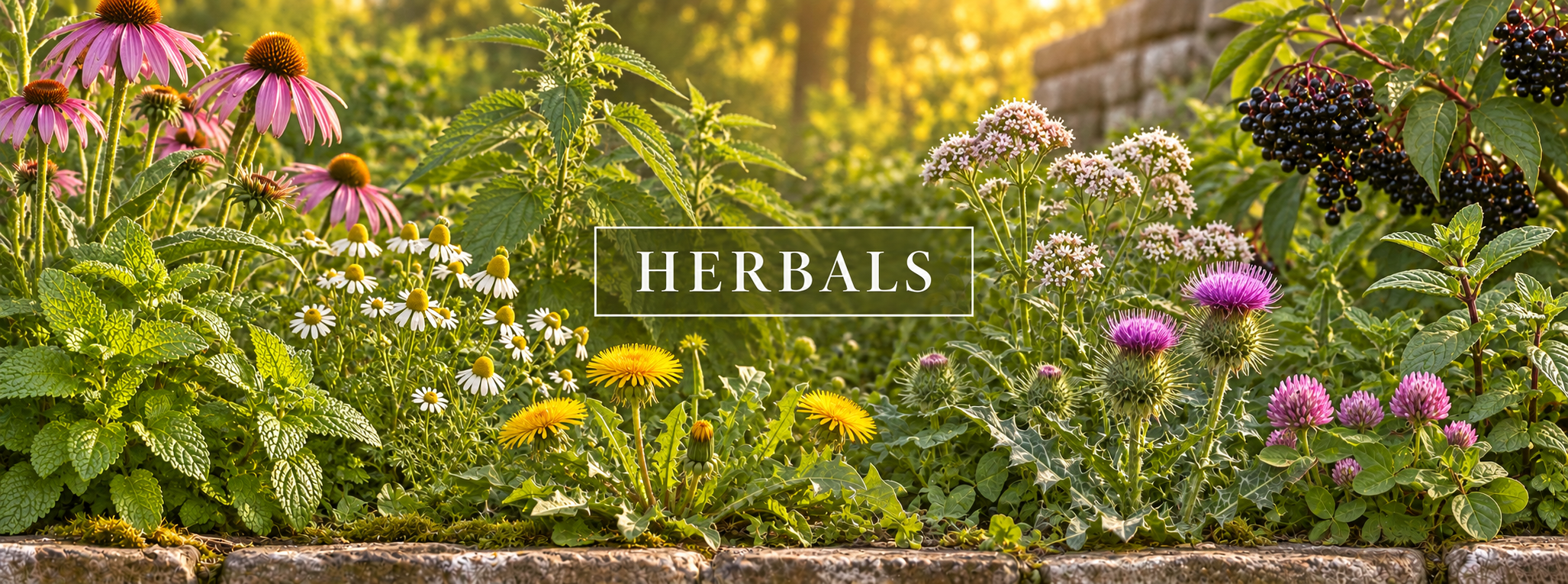 Herbal ingredients in wooden spoons featuring dried herbs and flowers