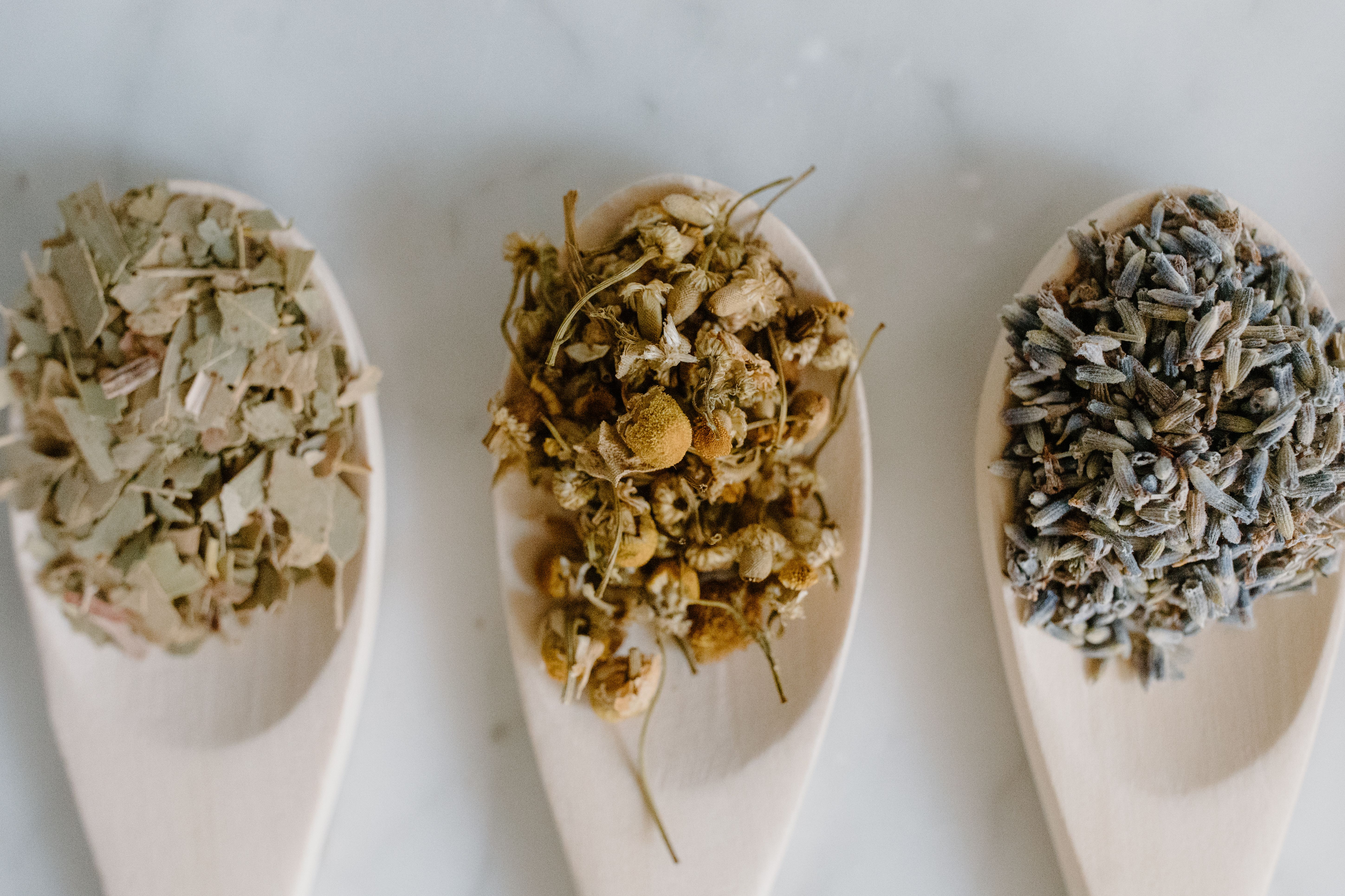 Herbal ingredients in wooden spoons featuring dried herbs and flowers