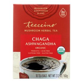 Teeccino Chaga Ashwagandha Mushroom Herbal Tea — 10 Tea Bags per Box, Case of 6