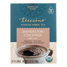 Teeccino Organic Dandelion Coconut Chicory Herbal Tea — 10 Tea Bags per Box, Case of 6