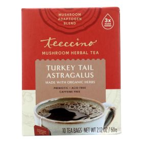Teeccino Turkey Tail Astragalus Mushroom Herbal Tea — 10 Tea Bags per Box, Case of 6