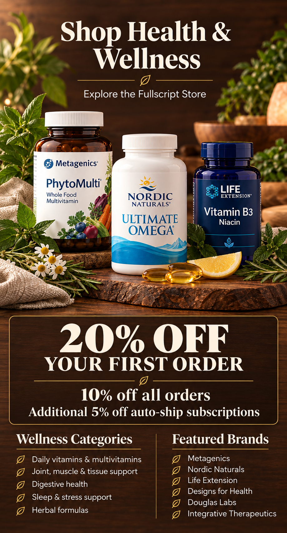 Fullscript Store wellness products, discounts, featured brands, and shopping categories